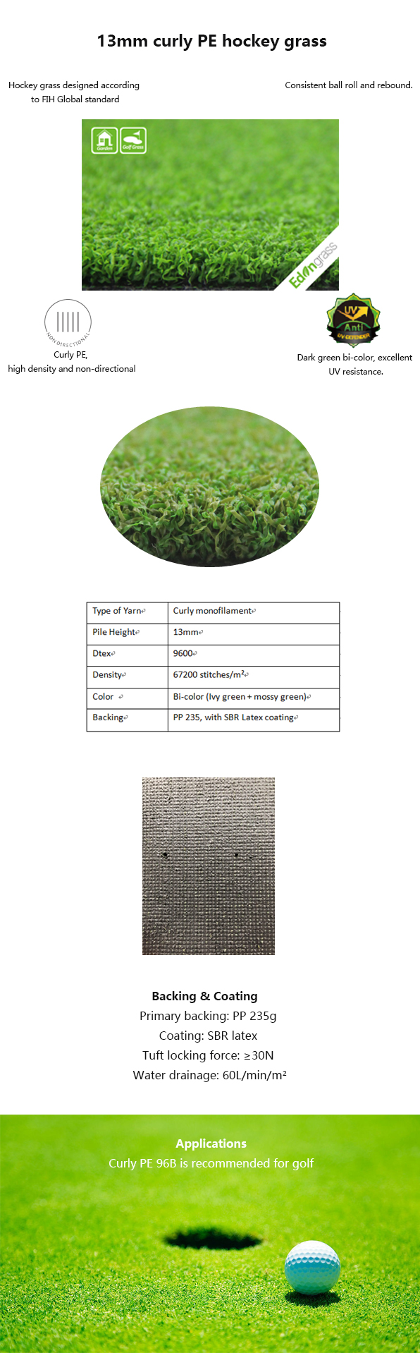 Zettend het Groene Synthetische Kunstmatige Slijtvaste Gras van het Gazongolf 13m Hoogte 0